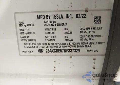 2022 Tesla Model X Dual Motor All-Wheel Drive z USA, uszkodzony, nr VIN 7SAXCBE57NF337329